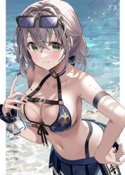Rule 34 | 1girl, :3, absurdres, arm strap, bad id, bad pixiv id, bare shoulders, bikini, black-framed eyewear, black ribbon, blue skirt, blush, breasts, cleavage, closed mouth, collarbone, commentary, cowboy shot, dodota, eyewear on head, front-tie bikini top, front-tie top, green eyes, hand on own hip, highres, hololive, large breasts, leaning forward, long hair, looking at viewer, miniskirt, mole, mole on breast, multicolored bikini, multicolored clothes, navel, outside border, pleated skirt, ribbon, shirogane noel, shirogane noel (summer 2020), silver hair, skirt, smile, solo, sparkle, stomach, sunglasses, swimsuit, symbol-only commentary, virtual youtuber, water, wrist cuffs