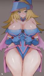 Rule 34 | 1girl, absurdres, bare shoulders, blonde hair, blue dress, blue gloves, breasts, cleavage, curvy, dark magician girl, detached sleeves, dress, elbow gloves, fingers together, gloves, green eyes, hat, highres, kataku musou, large breasts, looking at viewer, magician, solo, thick thighs, thighs, wide hips, wizard, wizard hat, yu-gi-oh!