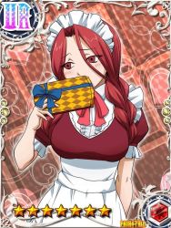 Rule 34 | 1girl, apron, box, braid, breasts, card (medium), cleavage, dress, fairy tail, flare corona, gift, gift box, gloves, holding, holding gift, large breasts, long hair, looking back, low twintails, maid, maid apron, maid headdress, matching hair/eyes, official art, red eyes, red hair, shiny skin, solo, standing, twin braids, twintails, very long hair