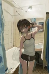 Rule 34 | 1girl, absurdres, arm at side, arm up, armpits, bathroom, bathtub, black shorts, blue eyes, brown hair, bucket, closed mouth, commentary request, ear piercing, hair between eyes, hand in own hair, highres, holding, holding towel, indoors, litra (ltr0312), mirror, original, piercing, reflection, shirt, short hair, short shorts, shorts, shower curtain, sink, solo, standing, tank top, tile floor, tile wall, tiles, toothbrush, towel, wet, wet hair, white shirt