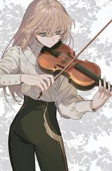 Rule 34 | 1girl, black pants, blonde hair, closed mouth, collared shirt, commentary, fingernails, green eyes, hair between eyes, highres, holding, holding instrument, holding violin, instrument, itou (very ito), long hair, long sleeves, looking down, music, original, pants, playing instrument, shirt, simple background, smile, solo, violin, white background, white shirt