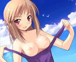 Rule 34 | 1girl, beach, bird, blonde hair, blush, breasts, brown hair, cloud, day, dutch angle, fang, long hair, medium breasts, nipples, ocean, one-piece swimsuit, open mouth, original, outdoors, pink eyes, purple one-piece swimsuit, purple school swimsuit, red eyes, school swimsuit, sikorsky, sky, smile, solo, strap slip, swimsuit, undressing, water