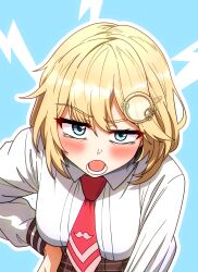 Rule 34 | 1girl, blonde hair, blue eyes, breasts, ddolbang, hand on own hip, highres, hololive, hololive english, large breasts, long sleeves, looking at viewer, lower teeth only, necktie, red necktie, short hair, teeth, upper body, virtual youtuber, watson amelia