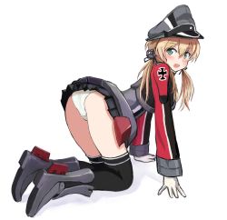 Rule 34 | 10s, 1girl, all fours, ass, blonde hair, blue eyes, from side, full body, gloves, hat, highres, kantai collection, karashi (tou gara shi), long hair, panties, peaked cap, prinz eugen (kancolle), revision, simple background, solo, twintails, underwear, uniform, white background, white panties