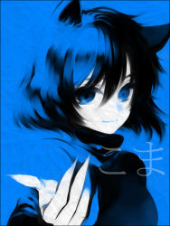 Rule 34 | 1girl, animal ears, asagiri no miko, blue theme, breasts, cat ears, character name, closed mouth, commentary request, fingernails, hair between eyes, koma (asagiri no miko), looking at viewer, medium breasts, monochrome, sharp fingernails, short hair, smile, solo, sweater, tooru, upper body