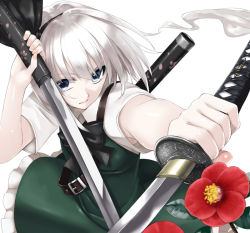 Rule 34 | 1girl, bad id, bad pixiv id, camellia, dual wielding, female focus, flower, grey eyes, hairband, holding, katana, konpaku youmu, looking at viewer, outstretched arm, short hair, silver hair, simple background, solo, sword, takemori shintarou, touhou, weapon, white background