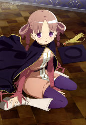 Rule 34 | 1girl, absurdres, arm between legs, black cape, blush, boots, braid, brown hair, cape, dress, hair rings, hat, highres, hiiragi nemu, long sleeves, looking at viewer, magia record: mahou shoujo madoka magica gaiden, mahou shoujo madoka magica, megami magazine, mortarboard, official art, on floor, open mouth, pantyhose, parted bangs, pink dress, purple eyes, scan, shirakawa ryousuke, short twintails, sitting, solo, tassel, tile floor, tiles, twin braids, twintails, wall, wariza, white footwear