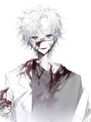 Rule 34 | 1boy, blood, blood on face, blood on hands, chinese commentary, commentary request, glasses, green shirt, grey eyes, highres, kanou aogu, lab coat, long sleeves, looking at viewer, male focus, open mouth, pale skin, rectangular eyewear, saibou shinkyoku, shirt, short hair, siling, simple background, smile, solo, upper body, white background, white hair