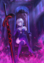 Rule 34 | 1girl, artoria pendragon (all), artoria pendragon (fate), bare shoulders, black dress, black footwear, black ribbon, black thighhighs, blonde hair, braid, breasts, choker, closed mouth, collarbone, commentary request, crossed legs, dark persona, dress, excalibur morgan (fate), fate/grand order, fate/stay night, fate (series), fire, french braid, hair between eyes, hair ribbon, high heels, highres, legs, looking at viewer, mashuu (neko no oyashiro), purple fire, ribbon, saber alter, sitting, solo, sword, thighhighs, thighs, throne, weapon, yellow eyes