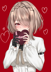 Rule 34 | 1girl, armband, belt, black gloves, blush, box, brown hair, commentary request, eyelashes, gloves, hair ornament, hair over one eye, hands up, heart, heart-shaped box, highres, honkai (series), honkai impact 3rd, long sleeves, looking at viewer, match (scp115), mole, mole under eye, pink ribbon, puffy long sleeves, puffy sleeves, red background, red eyes, ribbon, rita rossweisse, short hair, shy, sidelocks, simple background, single glove, solo, upper body, valentine, white sleeves