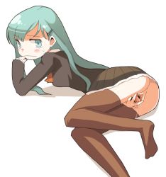 Rule 34 | 10s, 1girl, anus, ass, blue eyes, blue hair, blush, censored, dokan (dkn), female focus, hair ornament, hairclip, kantai collection, matching hair/eyes, no panties, pussy, simple background, skirt, solo, spread pussy, suzuya (kancolle), thighhighs, white background