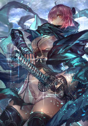 Rule 34 | 1girl, ahoge, bow, braid, fate (series), from below, hair bow, highres, holding, holding sword, holding weapon, japanese clothes, katana, okita souji (fate), okita souji (koha-ace), orange eyes, pink hair, shinsengumi, short hair, side slit, signo aaa, solo, sword, thighhighs, vambraces, weapon, wind