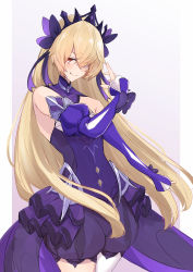 Rule 34 | 1girl, absurdres, alternate eye color, alternate hairstyle, bare shoulders, blonde hair, blush, breasts, detached collar, detached sleeves, dress, eyepatch, fang, fischl (ein immernachtstraum) (genshin impact), fischl (genshin impact), genshin impact, hair over one eye, highres, long hair, long sleeves, looking at viewer, medium breasts, nanakaku, official alternate costume, puffy sleeves, purple dress, red eyes, skin fang, smile, solo, thighhighs, tiara, white thighhighs