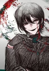 Rule 34 | 1boy, black eyes, black gloves, black hair, black sweater, blood, bloody tears, chinese commentary, commentary request, earrings, giosu, gloves, hair between eyes, highres, jewelry, male focus, naihe (touqi guaitan) (male), necklace, open mouth, short hair, smile, solo, sweater, touqi guaitan, turtleneck, turtleneck sweater, upper body