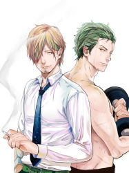 Rule 34 | 2boys, back-to-back, blonde hair, cigarette, collared shirt, green hair, hair over one eye, male focus, multiple boys, muscular, necktie, one-eyed, one piece, roronoa zoro, sanji (one piece), scar, shirt, topless male, smoking, weights