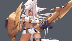 Rule 34 | 1girl, absurdres, animal ears, breasts, cleavage, commission, ghost (tama), green eyes, gunlance, hair over one eye, highres, holding, holding lance, holding polearm, holding shield, holding weapon, lance, long hair, looking at viewer, looking down, medium breasts, midriff, monster hunter (series), navel, one eye covered, original, polearm, ponytail, shield, solo, tail, thigh strap, weapon, white hair