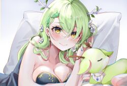 Rule 34 | 1girl, antlers, blue dress, breasts, ceres fauna, dress, earrings, flower, green hair, hair flower, hair ornament, highres, hololive, hololive english, horns, jewelry, large breasts, long hair, looking at viewer, mole, mole under eye, nemu (ceres fauna), pillow, punapple, smile, virtual youtuber, yellow eyes