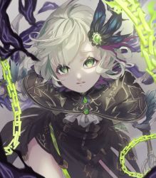 Rule 34 | 1boy, ahoge, belt, black gloves, buckle, capelet, chain, feather hair ornament, feathers, frown, gloves, green eyes, green hair, hair ornament, hairclip, holding, holding weapon, leaning forward, looking at viewer, male focus, parted lips, pinocchio (sinoalice), polearm, short hair, shorts, sinoalice, smoke, solo, weapon, yoshiki (reborunlove)
