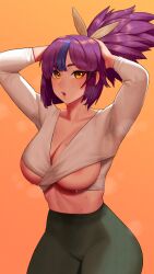 Rule 34 | 1girl, :o, areola slip, arms up, blue hair, breasts, bulgasari (last origin), cleavage, collarbone, dc (makezzal), green pants, hair ornament, hairpin, highres, large breasts, last origin, looking at viewer, pants, ponytail, purple hair, shirt, simple background, solo, steam, steaming body, sweatdrop, sweaty clothes, underboob, white shirt