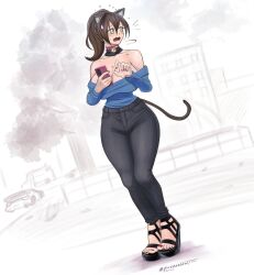 Rule 34 | 1girl, absurdres, animal ear fluff, animal ears, artist name, bare shoulders, bell, black footwear, black pants, blue shirt, breasts, brown hair, brown tail, cat ears, cat girl, cat tail, cellphone, cleavage, collarbone, fang, feet, full body, green eyes, hair between eyes, hands up, highres, holding, holding phone, huge breasts, large breasts, long hair, looking to the side, nail polish, neck bell, off-shoulder shirt, off shoulder, open mouth, original, outdoors, pants, phone, pink nails, red nails, sandals, shadow, shirt, sketch background, smartphone, solo, strappy heels, tail, toenail polish, toenails, toes, twitter username, yincrescent