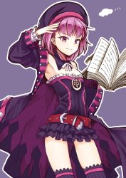 Rule 34 | 1girl, bare shoulders, belt, book, commentary request, fate/grand order, fate (series), hat, helena blavatsky (fate), helena blavatsky (third ascension) (fate), highres, ichifuji nitaka (phase nine), looking at viewer, purple eyes, purple hair, salute, sefirot, short hair, smile, solo, strapless, thighhighs