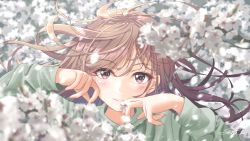 Rule 34 | 1girl, arms up, blurry, blurry background, blurry foreground, branch, brown hair, cherry blossoms, commentary request, fingernails, flower, green hoodie, hair between eyes, hair blowing, hand on own face, holding, holding flower, hood, hood down, hoodie, light blush, long sleeves, looking at viewer, messy hair, original, pink eyes, sena (illust sena), signature, smile, solo, spring (season), standing