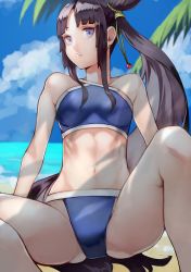Rule 34 | 1girl, bare arms, bare legs, beach, bikini, black hair, blue bikini, blunt bangs, breasts, closed mouth, cloud, cloudy sky, collarbone, day, fate/grand order, fate (series), hair bun, highres, long hair, looking at viewer, looking to the side, medium breasts, navel, ocean, outdoors, palm tree, parted bangs, pouty lips, purple eyes, side ponytail, sidelocks, single hair bun, sitting, sky, solo, spread legs, swimsuit, thighs, tree, ushiwakamaru (fate), ushiwakamaru (fate/grand order), ushiwakamaru (swimsuit assassin) (fate), ushiwakamaru (swimsuit assassin) (first ascension) (fate), very long hair, yoshio (55level)