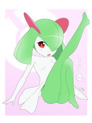 Rule 34 | 1girl, arm support, artist name, barefoot, blush, border, breasts, collarbone, creatures (company), female focus, full body, game freak, gen 3 pokemon, green hair, hair over one eye, highres, kirlia, knee up, leaning back, leg up, looking to the side, medium hair, nintendo, no humans, no pussy, orcaleon, poke ball symbol, pokemon, pokemon (creature), purple background, red eyes, simple background, sitting, small breasts, solo, two-tone background, watermark, white border