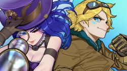 Rule 34 | 1boy, 1girl, blonde hair, blue eyes, blue hair, breasts, brown gloves, caitlyn (league of legends), cleavage, ezreal, gloves, goggles, goggles on head, hat, highres, league of legends, long hair, looking at viewer, medium hair, one eye closed, profile, purple headwear, shadow, smile, sparrowl, upper body