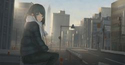 Rule 34 | 1girl, bad id, bad pixiv id, bird, blush, city, cityscape, earphones, green eyes, grey hair, guard rail, long sleeves, looking at viewer, looking back, original, pants, parted lips, power lines, reido (reido c), road sign, scarf, sign, sitting, smile, solo, traffic cone, utility pole, white scarf