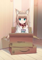 Rule 34 | 1girl, 40hara, animal collar, animal ear fluff, animal ears, aqua eyes, blush stickers, box, brand name imitation, cardboard box, cat ears, cat girl, closed mouth, clothes writing, collar, commentary request, doyagao, highres, in box, in container, indoors, kinako (40hara), light brown hair, long hair, looking at viewer, original, red collar, shirt, smile, smug, solo, t-shirt, v-shaped eyebrows, white shirt, wooden floor