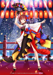 Rule 34 | 1girl, aerial fireworks, arm up, black dress, black gloves, blue bow, bow, brown eyes, brown hair, commentary, criss-cross halter, crypton future media, dress, fireworks, folding fan, full body, gloves, hair bow, halterneck, hand fan, headphones, holding, holding fan, kirita asami, lantern, looking at viewer, magical mirai (vocaloid), magical mirai meiko, meiko (vocaloid), night, official art, open mouth, piapro, red bow, sandals, short hair, single glove, single sleeve, smile, solo, spotlight, standing, two-tone bow, vocaloid, wide sleeves, zouri