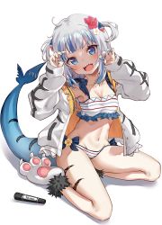 Rule 34 | 1girl, absurdres, bikini, blue eyes, blue hair, blue nails, blunt bangs, blush, body writing, boshi (a-ieba), breasts, commentary request, fins, fish tail, full body, gawr gura, hair ornament, highres, hololive, hololive english, jacket, looking at viewer, marker, medium hair, multicolored hair, nail polish, open clothes, open jacket, open mouth, paw shoes, shark girl, shark hair ornament, shark tail, sharp teeth, silver hair, sitting, small breasts, smile, solo, streaked hair, striped bikini, striped clothes, swimsuit, tail, teeth, two side up, virtual youtuber, wariza, white background, white bikini, white jacket