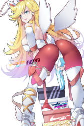 Rule 34 | 1girl, animal ears, artist name, bare back, bare shoulders, blonde hair, box, breasts, cameltoe, choker, commentary, earrings, english commentary, fake animal ears, fake tail, fake wings, forehead, full body, gold trim, green eyes, gun, halo, handgun, heart, high heels, highres, holding, holding gun, holding weapon, hot vr, jewelry, large breasts, leotard, long hair, looking at viewer, looking back, panty &amp; stocking with garterbelt, panty (psg), pantyhose, parted lips, patreon username, pixiv id, pointy nose, rabbit tail, red pantyhose, shoes, sideboob, simple background, sneakers, solo, spread legs, standing, strap, strapless, strapless leotard, tail, thighhighs, v-shaped eyebrows, very long hair, weapon, white background, white leotard, wings, yellow choker