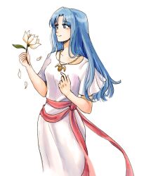 Rule 34 | 1girl, ancient ys vanished, blue eyes, blue hair, closed mouth, commentary request, curtained hair, dress, falling petals, feena (ys), floop249, flower, gold necklace, highres, holding, holding flower, jewelry, long hair, necklace, petals, red sash, sash, simple background, smile, solo, standing, white background, white dress, white flower, ys