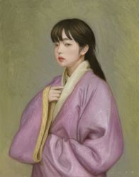 Rule 34 | 1girl, brown eyes, brown hair, closed mouth, cmxv, hand up, highres, japanese clothes, kimono, long hair, long sleeves, looking at viewer, original, pink kimono, realistic, red lips, signature, solo, upper body