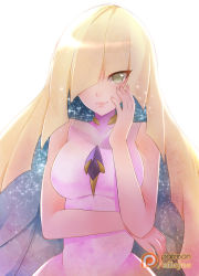 Rule 34 | 1girl, artist name, bare arms, bare shoulders, blonde hair, blue hair, creatures (company), diamond (gemstone), dress, enjelicious, game freak, green eyes, hair over one eye, hand on own face, long hair, looking at viewer, lusamine (pokemon), mature female, multicolored hair, nintendo, patreon, patreon username, pokemon, pokemon sm, sleeveless, sleeveless dress, smile, solo, sparkle, two-tone hair, very long hair, watermark