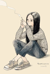 Rule 34 | 1girl, black hair, cigarette, denim, emanon (character), freckles, highres, jeans, knit sweater, kokudou juunigou, long hair, memories of emanon, monochrome, pants, parted bangs, shoes, sitting, sneakers, solo, white background
