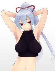 Rule 34 | 1girl, 5saiji, armpits, arms behind head, arms up, blue hair, blush, breasts, closed mouth, collarbone, covered erect nipples, crop top, fate/grand order, fate (series), gradient background, grey background, hair ribbon, high ponytail, highres, large breasts, long hair, looking at viewer, navel, ponytail, red eyes, red ribbon, ribbon, sideboob, sleeveless, smile, solo, stomach, taut clothes, tomoe gozen (fate), upper body