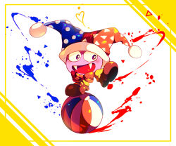 Rule 34 | ball, beachball, blue hat, boots, bow, bowtie, brown footwear, colored skin, commentary request, fangs, foot up, hat, heart, jester cap, kirby (series), light blush, looking at viewer, marx (kirby), nintendo, no humans, open mouth, paint, petals, picture frame, polka dot headwear, pom pom (clothes), purple eyes, purple skin, red bow, red bowtie, red hat, shirushiki, smile, solo, standing on object, traditional bowtie, triangle, triangle print, two-tone headwear, white background