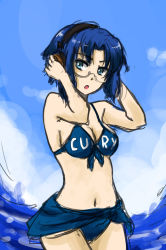Rule 34 | 00s, 1girl, beach, bikini, blue hair, breasts, ciel (tsukihime), cleavage, clothes writing, drawfag, face, female focus, front-tie top, glasses, gradient background, grado labs, headphones, highres, navel, outdoors, pas (paxiti), sarong, short hair, sky, solo, swimsuit, tsukihime