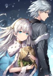 Rule 34 | 1boy, 1girl, anastasia (fate), artist name, blue eyes, cape, choker, doll, earrings, fate/grand order, fate (series), fur trim, grey hair, hair between eyes, hand on another&#039;s face, headband, highres, jewelry, kadoc zemlupus, long hair, long sleeves, looking at viewer, profile, rin yuu, signature, snow, snowing, standing, very long hair, wind, yellow eyes