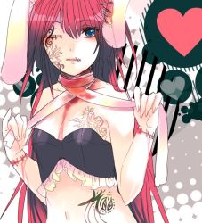 Rule 34 | animal ears, bandages, blood, blue eyes, devil blue, frills, heart, original, rabbit ears, red hair, scar, solo, stitches, tattoo, wemu (ivycrown)