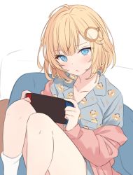 Rule 34 | 1girl, blonde hair, blue eyes, blue shirt, bubba (watson amelia), character print, closed mouth, collarbone, collared shirt, commentary, dress shirt, english commentary, feet out of frame, hair ornament, highres, hitsukuya, holding, hololive, hololive english, jacket, knees up, nintendo switch, off shoulder, open clothes, open jacket, pink jacket, print shirt, shirt, sitting, solo, virtual youtuber, watson amelia, white background