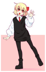Rule 34 | 1girl, :o, adapted costume, alternate costume, ankle boots, arm up, black footwear, black pantyhose, black sweater vest, blonde hair, blush, bob cut, boots, border, bow, bright pupils, collared shirt, contrapposto, full body, hair bow, head tilt, leg up, long sleeves, looking at viewer, necktie, open hand, open mouth, outline, pantyhose, pink background, pink outline, puffy long sleeves, puffy sleeves, red bow, red eyes, red necktie, red pupils, round teeth, rumia, shamo (koumakantv), shirt, short hair, simple background, solo, standing, sweater vest, teeth, tongue, touhou, two-tone background, upper teeth only, waving, white background, white border, wing collar, wrist extended