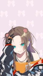Rule 34 | 1girl, ahoge, animal ears, bear ears, blue eyes, blue jacket, brown hair, dog tags, forehead, gloves, hand on own forehead, highres, hololive, jacket, long hair, natsuiro matsuri, natsuiro matsuri (gaming casual), off-shoulder shirt, off shoulder, open clothes, open jacket, orange shirt, parted bangs, partially fingerless gloves, pink background, sato forest, shirt, solo, upper body, virtual youtuber