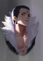 Rule 34 | 1boy, absurdres, black hair, chrollo lucilfer, cross, earrings, facial tattoo, forehead tattoo, fur collar, grey background, highres, hunter x hunter, inverted cross, jewelry, looking at viewer, male focus, simple background, solo, stan., tattoo
