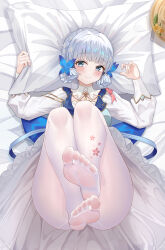 Rule 34 | 1girl, absurdres, ayaka (genshin impact), bed sheet, blue eyes, blunt tresses, blush, brown hat, butterfly hair ornament, closed mouth, collar, dress, feet, feet up, flower, frilled dress, frills, from above, genshin impact, gold trim, hair flower, hair ornament, hair rings, hat, hat flower, head on pillow, highres, kamisato ayaka, kamisato ayaka (springbloom missive), long sleeves, looking at viewer, lying, mole, mole under eye, no shoes, official alternate costume, official alternate hairstyle, on back, pantyhose, pillow, pillow grab, presenting foot, puffy long sleeves, puffy sleeves, see-through, see-through legwear, smile, solo, styx, thighs, toes, unworn hat, unworn headwear, white collar, white flower, white hair, white pantyhose
