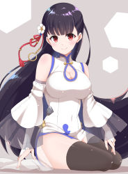 Rule 34 | 1girl, azur lane, bare shoulders, black hair, black thighhighs, blush, breasts, china dress, chinese clothes, cleavage, cleavage cutout, clothing cutout, commentary request, covered navel, detached sleeves, dress, fukemachi, highres, large breasts, long hair, looking at viewer, red eyes, side slit, sitting, smile, solo, thighhighs, white dress, yat sen (azur lane)