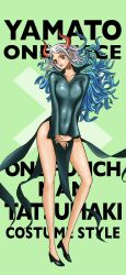 Rule 34 | 1girl, bare legs, breasts, character name, copyright name, cosplay, dress, floating hair, green background, green dress, head tilt, high collar, highres, hip vent, horns, large breasts, long hair, looking at viewer, multicolored hair, one-punch man, one piece, open mouth, orange eyes, red horns, tatsumaki, tatsumaki (cosplay), thighs, v arms, yamato (one piece), zuberubar